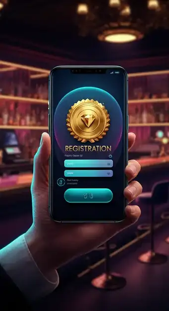 Interface d'inscription rapide du Hugo Bets Casino, montrant les champs d'e-mail et mot de passe sur un fond spatial.